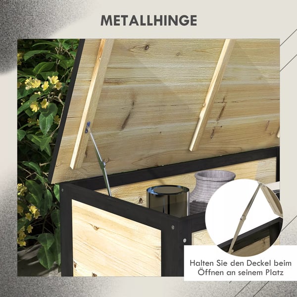 Outsunny havekasse i træ, opbevaringskasse 121L med hjul, vejrbestandig opbevaringsboks til altan, terrasse, natur