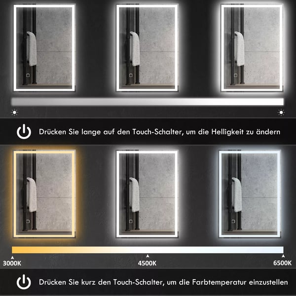 HOMCOM LED badeværelsesspejl 50x70cm dugfrit med touch-kontakt IP44, Aluminium & Glas, Silber