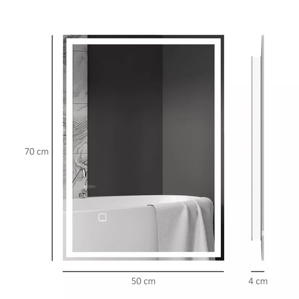HOMCOM LED badeværelsesspejl 50x70cm dugfrit med touch-kontakt IP44, Aluminium & Glas, Silber