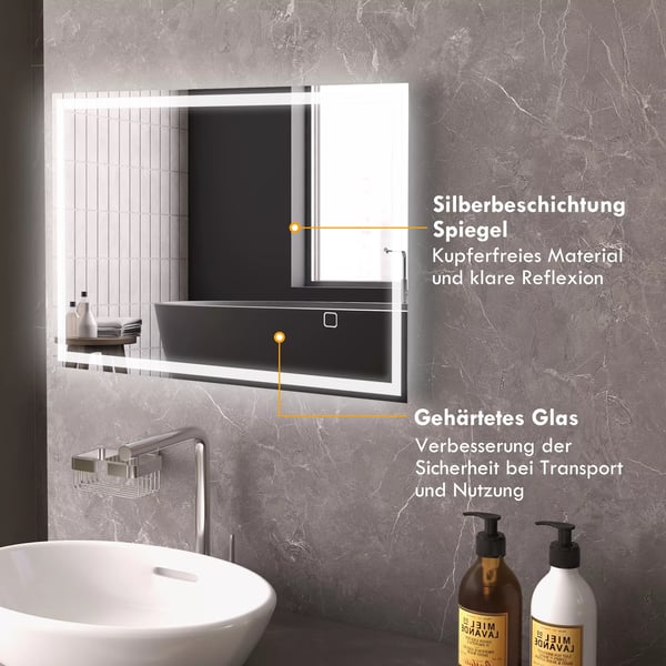 HOMCOM LED badeværelsesspejl 50x70cm dugfrit med touch-kontakt IP44, Aluminium & Glas, Silber