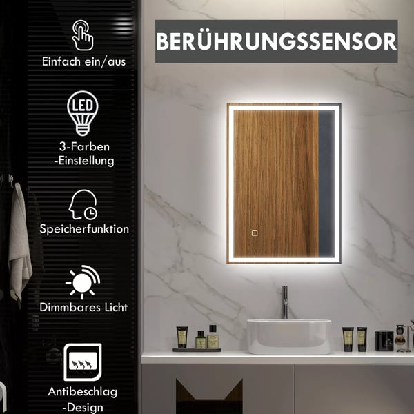 HOMCOM LED badeværelsesspejl 50x70cm dugfrit med touch-kontakt IP44, Aluminium & Glas, Silber