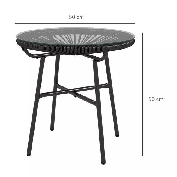 Outsunny Rattan sidebord, bistrobord, sofabord med glasplade, rundt, til terrasse, altan, sort, 50x50x50 cm