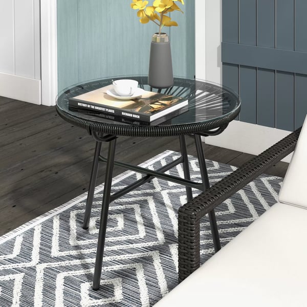 Outsunny Rattan sidebord, bistrobord, sofabord med glasplade, rundt, til terrasse, altan, sort, 50x50x50 cm