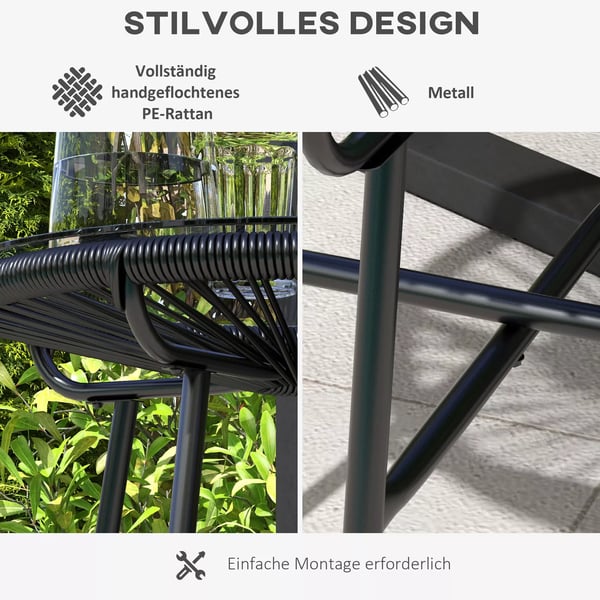 Outsunny Rattan sidebord, bistrobord, sofabord med glasplade, rundt, til terrasse, altan, sort, 50x50x50 cm