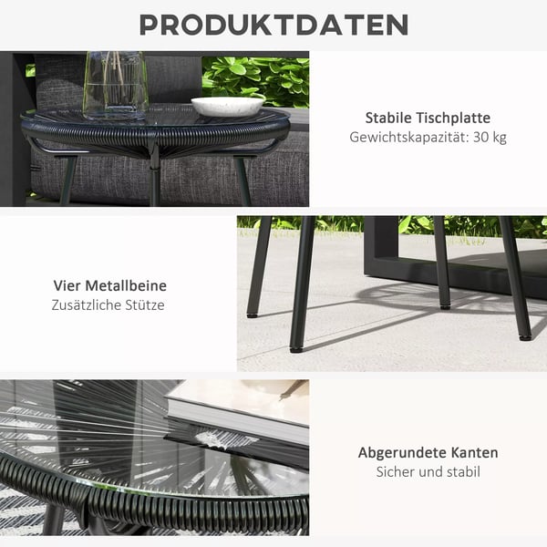 Outsunny Rattan sidebord, bistrobord, sofabord med glasplade, rundt, til terrasse, altan, sort, 50x50x50 cm