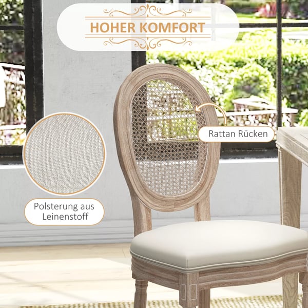 HOMCOM spisestole 2-sæt køkkenstol med ryglæn, hør- & rattan-look, træben, cremefarvet