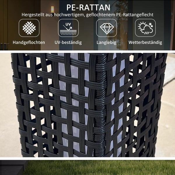 Outsunny Solcellelampe i Rattan-design, vandtæt, lyssensor, automatisk LED-havelampe, sort, 15,5 x 15,5 x 46 cm