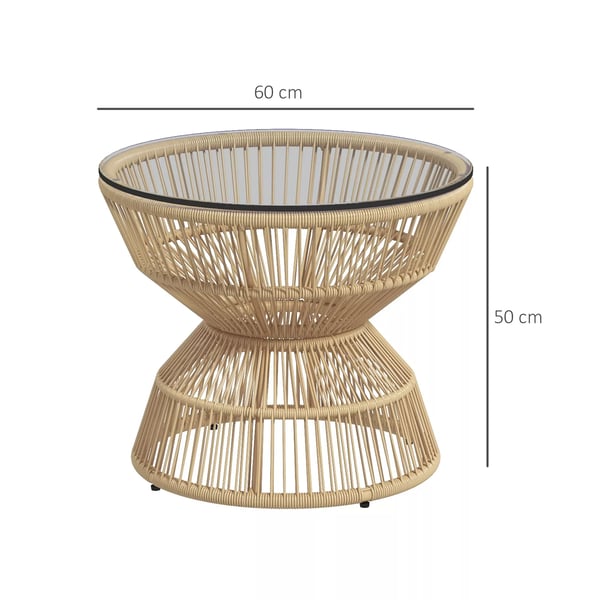 Outsunny sidebord i rattan, Ø60 cm sofabord havebord med bordplade af hærdet glas, altanbord i boho-design, kaffebord, naturtræ