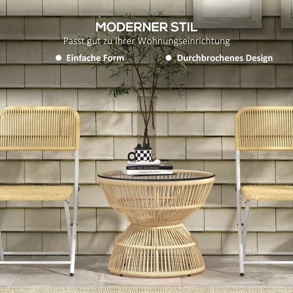 Outsunny sidebord i rattan, Ø60 cm sofabord havebord med bordplade af hærdet glas, altanbord i boho-design, kaffebord, naturtræ