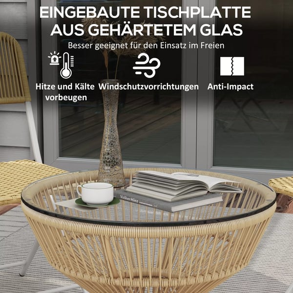 Outsunny sidebord i rattan, Ø60 cm sofabord havebord med bordplade af hærdet glas, altanbord i boho-design, kaffebord, naturtræ
