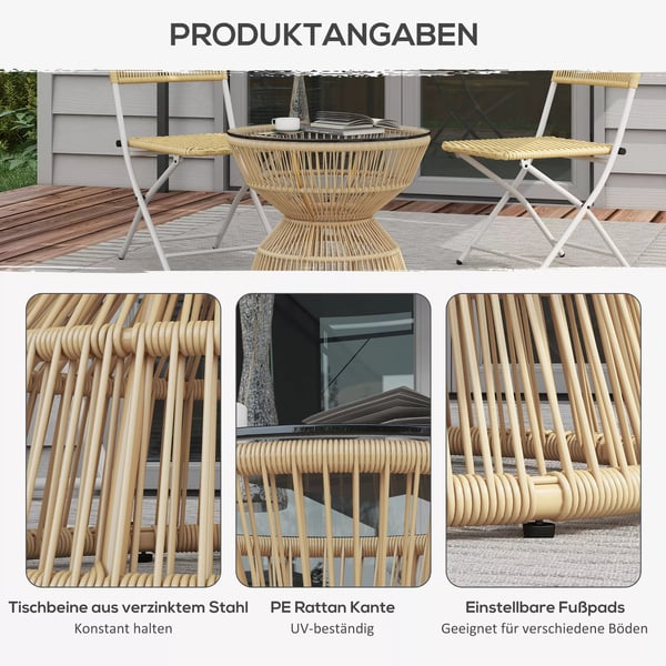 Outsunny sidebord i rattan, Ø60 cm sofabord havebord med bordplade af hærdet glas, altanbord i boho-design, kaffebord, naturtræ
