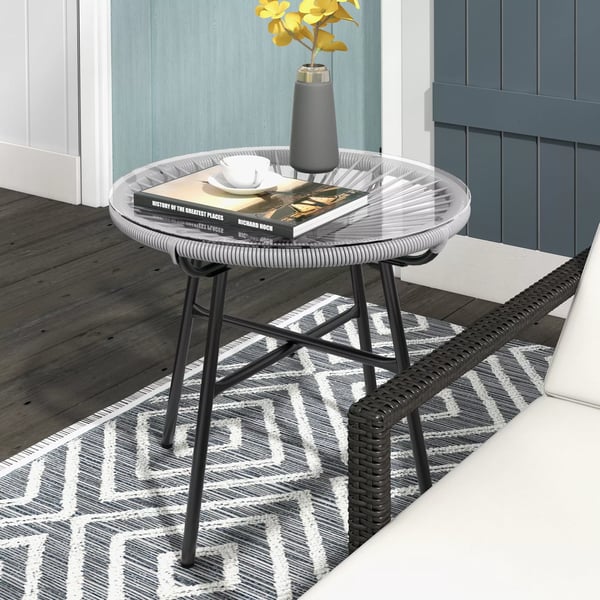 Outsunny rattan sidebord bistrobord, sofabord med glasplade, rundt, til terrasse, altan, sort+grå, 50x50x50cm