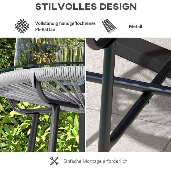 Outsunny rattan sidebord bistrobord, sofabord med glasplade, rundt, til terrasse, altan, sort+grå, 50x50x50cm