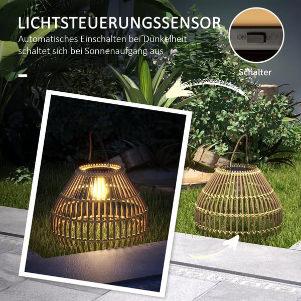 Outsunny solcellelampe, rattan havelampe, vandtæt, lyssensor, tromledesign, gul