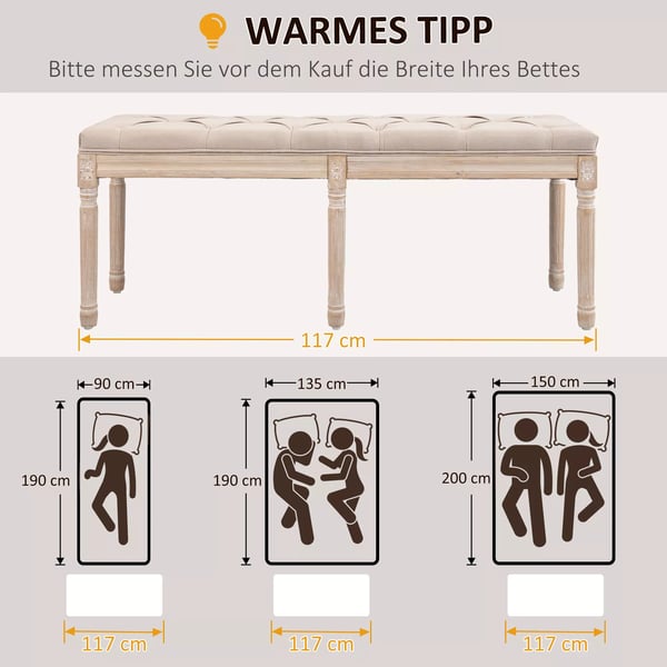 HOMCOM Polstret bænk vintage 117x40x48 cm, siddebænk, sengebænk, soveværelsesbænk med knapper, hør-look, op til 120 kg, beige