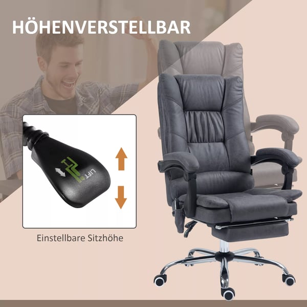 Vinsetto Massagestol - Kontorstol med Varme, Læn, Fodstøtte, Justerbar Højde, Mikrofiber, Mørkegrå