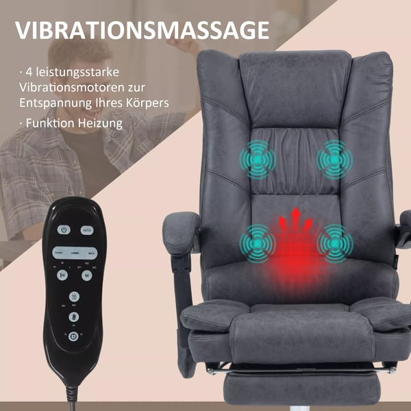 Vinsetto Massagestol - Kontorstol med Varme, Læn, Fodstøtte, Justerbar Højde, Mikrofiber, Mørkegrå