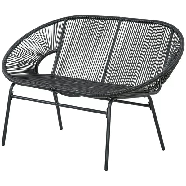 Outsunny Polyrattan trädgårdsbänk 2-sits, Rattanbänk, Balkongbänk upp till 260 kg, Svart, Stål, för terrass & balkong