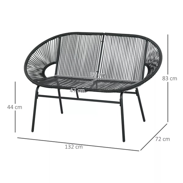Outsunny Polyrattan bænk 2-personers Rattanbænk havebænk, balkonbænk op til 260 kg, sort, stål, til terrasse & altan