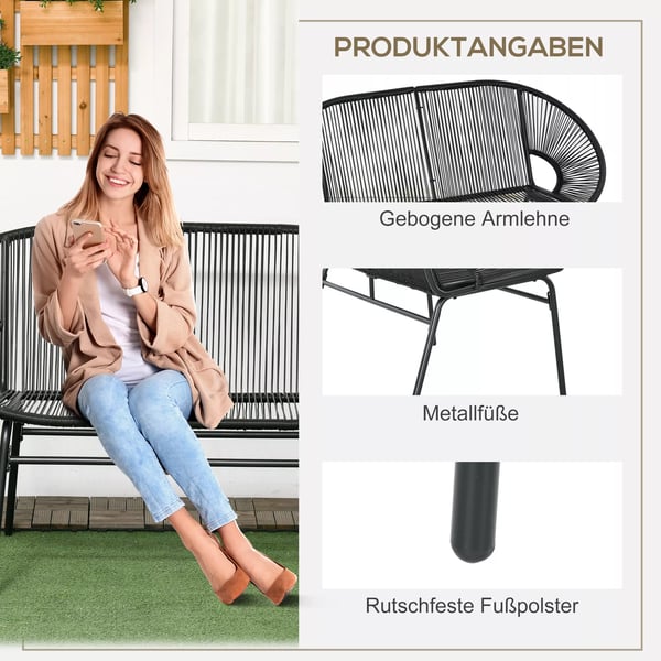 Outsunny Polyrattan bænk 2-personers Rattanbænk havebænk, balkonbænk op til 260 kg, sort, stål, til terrasse & altan