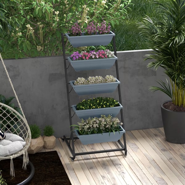 Outsunny plantestativ, blomsterstativ med 5 etager, planterol med hjul, blomsterreol med huller, plantetrappe til haven, stål, grå