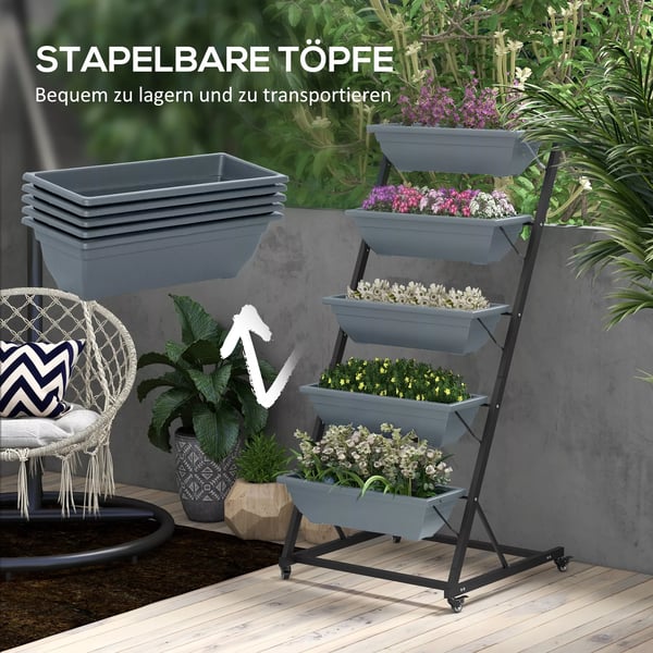 Outsunny plantestativ, blomsterstativ med 5 etager, planterol med hjul, blomsterreol med huller, plantetrappe til haven, stål, grå