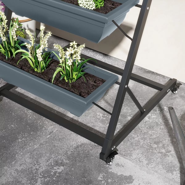 Outsunny plantestativ, blomsterstativ med 5 etager, planterol med hjul, blomsterreol med huller, plantetrappe til haven, stål, grå