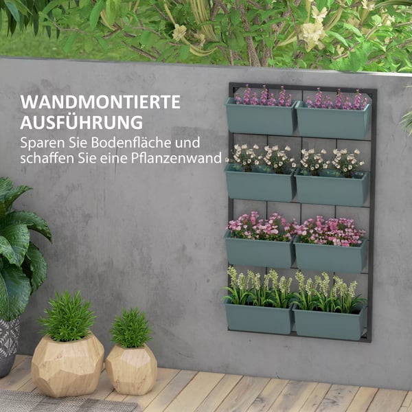 Outsunny blomsterstativ, plantestativ med 8 krukkeholdere, plantehylde, vægmonteret plantetrappe, blomsterreol til haven, mørkegrøn, 52,5 x 14 x 90 cm