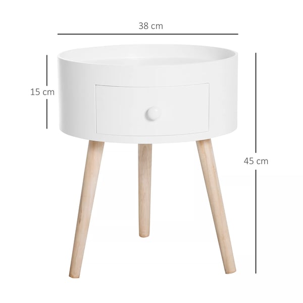 rundt sofabord med skuff, sidebord i skandinavisk stil, hvid, fyrretræ/MDF, Ø38x45cm