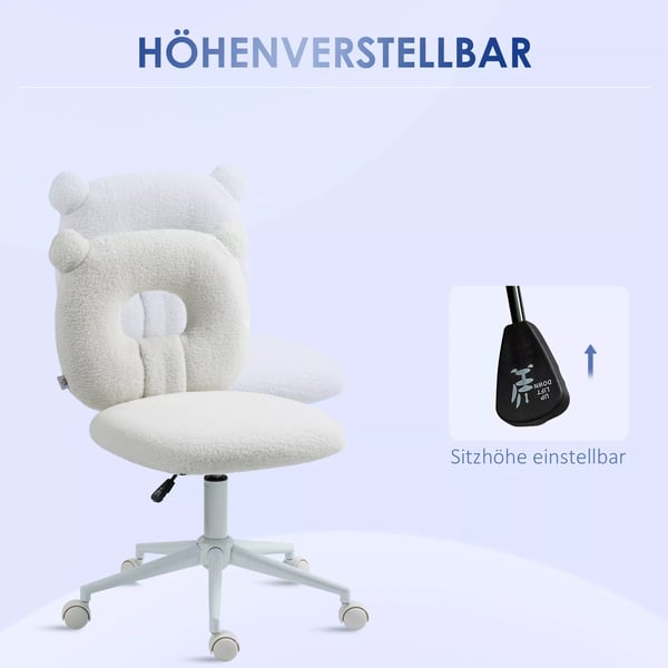 HOMCOM Kontorstol Hvid, Teddy Fleece Skrivebordsstol, Justerbar Drejestol, Ergonomisk Kontorstol til Hjemmekontoret, 120kg Kapacitet