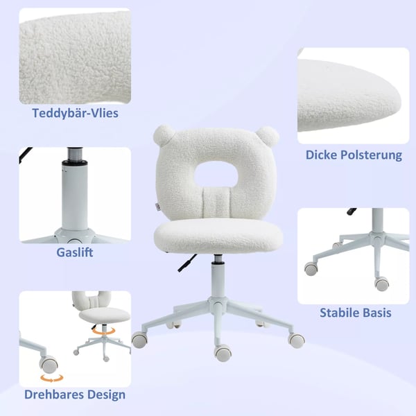 HOMCOM Kontorstol Hvid, Teddy Fleece Skrivebordsstol, Justerbar Drejestol, Ergonomisk Kontorstol til Hjemmekontoret, 120kg Kapacitet