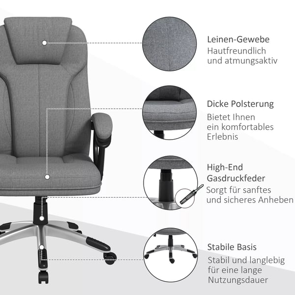 toimistotuoli Ergonominen tietokonetuoli keinutoiminnolla, korkeussäädettävä, niskatuki, käsinojat, harmaa, pellavapintainen, 66x75x110-120cm