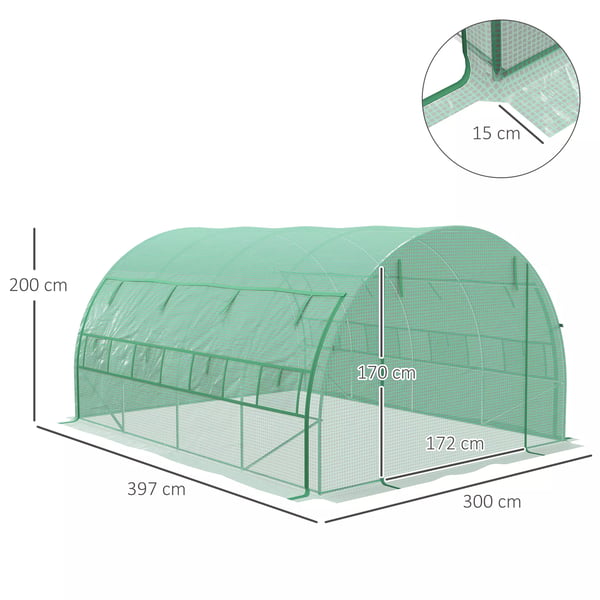 Folie Drivhus Tunnel 3,97x3x2m Gåbar, UV-beskyttelse, Rullebare Dæksler, Stål, Grøn