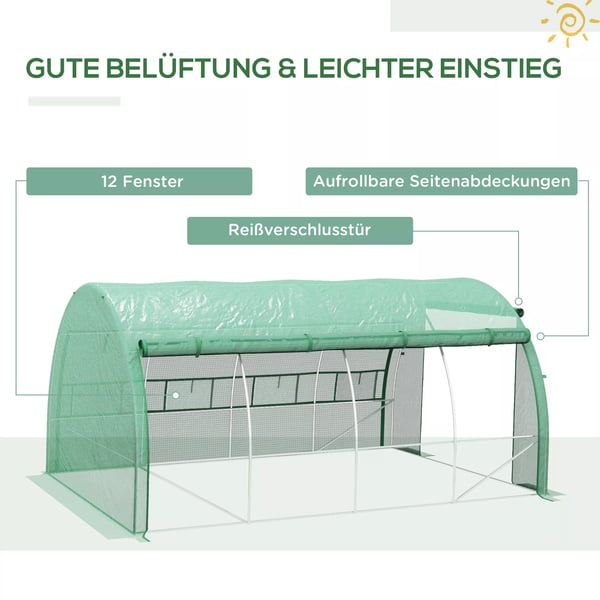 Folie Drivhus Tunnel 3,97x3x2m Gåbar, UV-beskyttelse, Rullebare Dæksler, Stål, Grøn