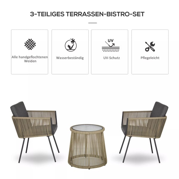 Outsunny puutarhakalustesarja terassi 3 osaa, 2 tuolia tyynyillä, lasipöytä, teräs/polyesteri, harmaa