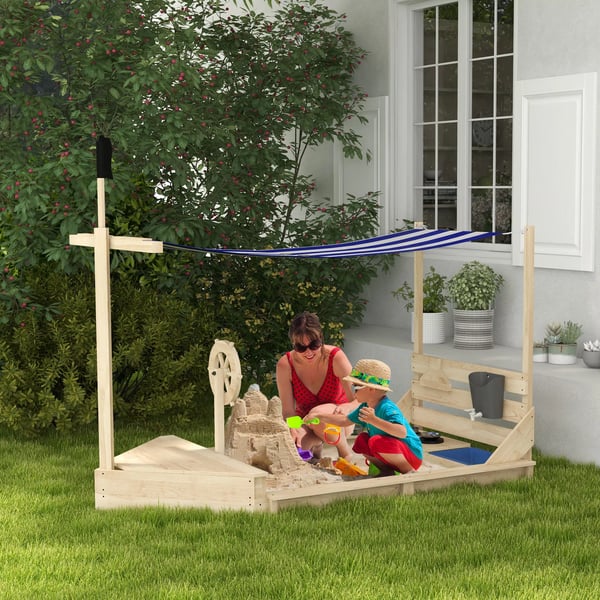 Outsunny Sandkasse Skibsdesign med Overtræk 180x103x144,5cm Grantræ Natur 3-7 år