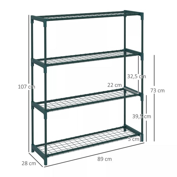 Outsunny planterol, blomsterstativ med 4 hylder, blomsterreol, plantestativ til have, altan, stål, mørkegrøn, 89 x 28 x 107 cm