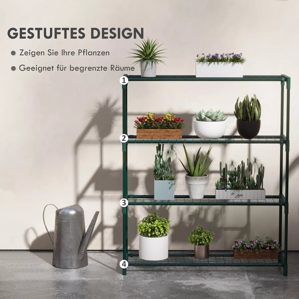 Outsunny planterol, blomsterstativ med 4 hylder, blomsterreol, plantestativ til have, altan, stål, mørkegrøn, 89 x 28 x 107 cm