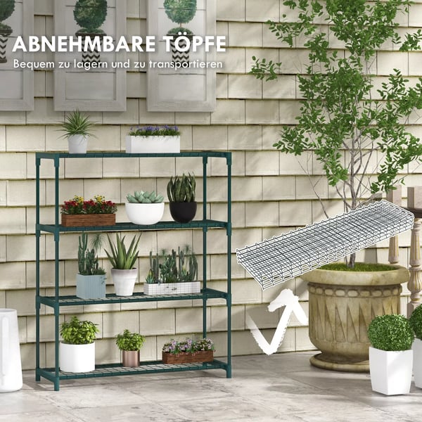 Outsunny planterol, blomsterstativ med 4 hylder, blomsterreol, plantestativ til have, altan, stål, mørkegrøn, 89 x 28 x 107 cm