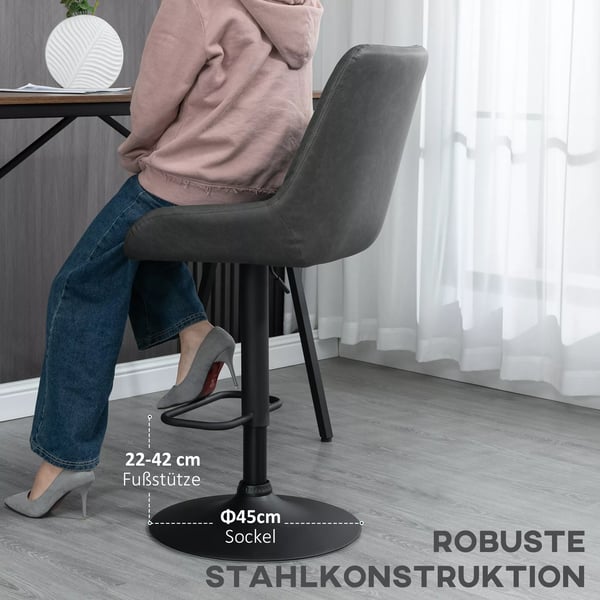 HOMCOM 2 stk. barstole i kunstleder, mhrkegra, hijdejusterbare køkkenstole med ryglan og fodstøtte