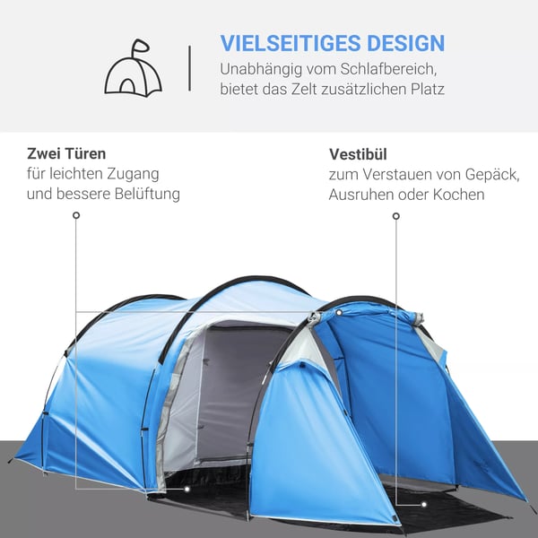 Outsunny tunnel telt til 2-3 personer, campingtelt med to rum, glasfiber/polyester, lyseblå, 426x206x154cm