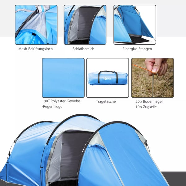 Outsunny tunnel telt til 2-3 personer, campingtelt med to rum, glasfiber/polyester, lyseblå, 426x206x154cm