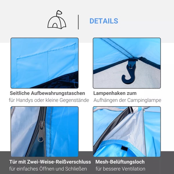 Outsunny tunnel telt til 2-3 personer, campingtelt med to rum, glasfiber/polyester, lyseblå, 426x206x154cm
