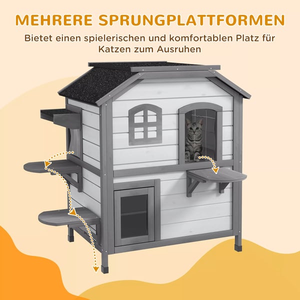 PawHut puinen kissatalo, ulkokissankoppi portailla, 2-kerroksinen, pieneläintalo kissoille max. 4,5 kg, valkoinen, 78 x 55,5 x 91 cm