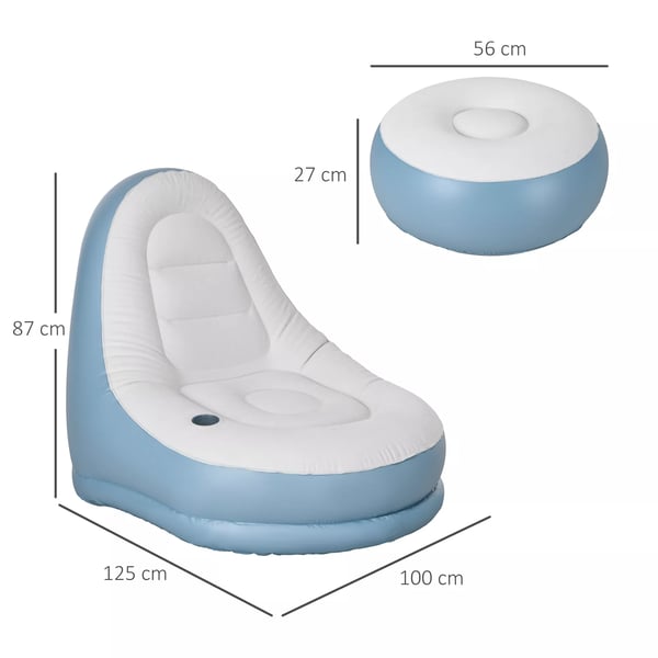 Outsunny Oppustelig Sofa med Fodskammel og Kopholder - Hvid/Blå Plastik, 125x100x87cm