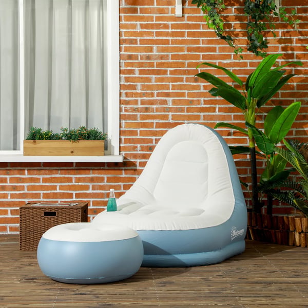 Outsunny Oppustelig Sofa med Fodskammel og Kopholder - Hvid/Blå Plastik, 125x100x87cm