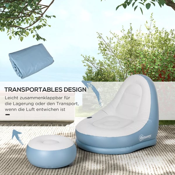 Outsunny Oppustelig Sofa med Fodskammel og Kopholder - Hvid/Blå Plastik, 125x100x87cm