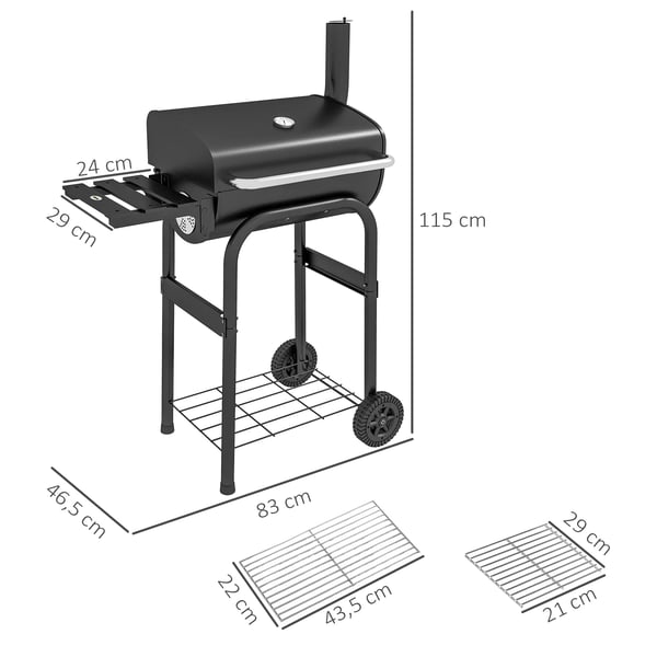 Outsunny Kulgrill i rustfrit stål med låg, hylder og hjul - Sort