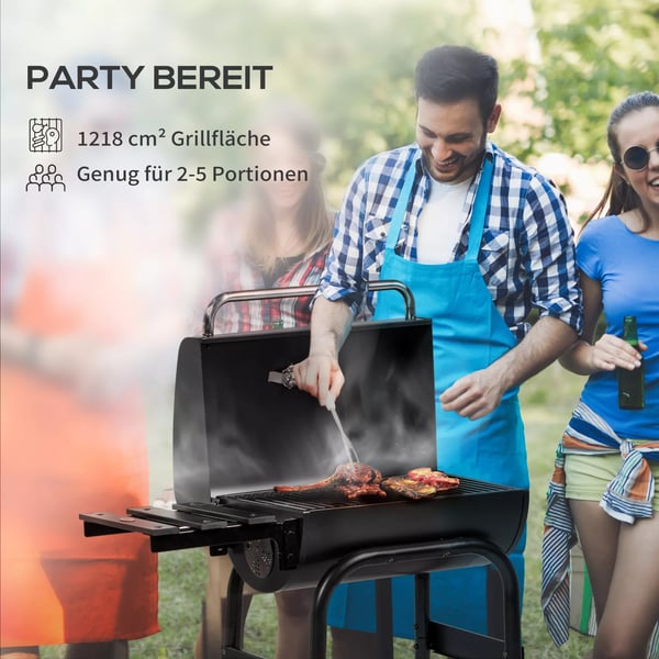 Outsunny Kulgrill i rustfrit stål med låg, hylder og hjul - Sort