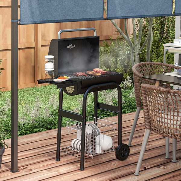 Outsunny Kulgrill i rustfrit stål med låg, hylder og hjul - Sort